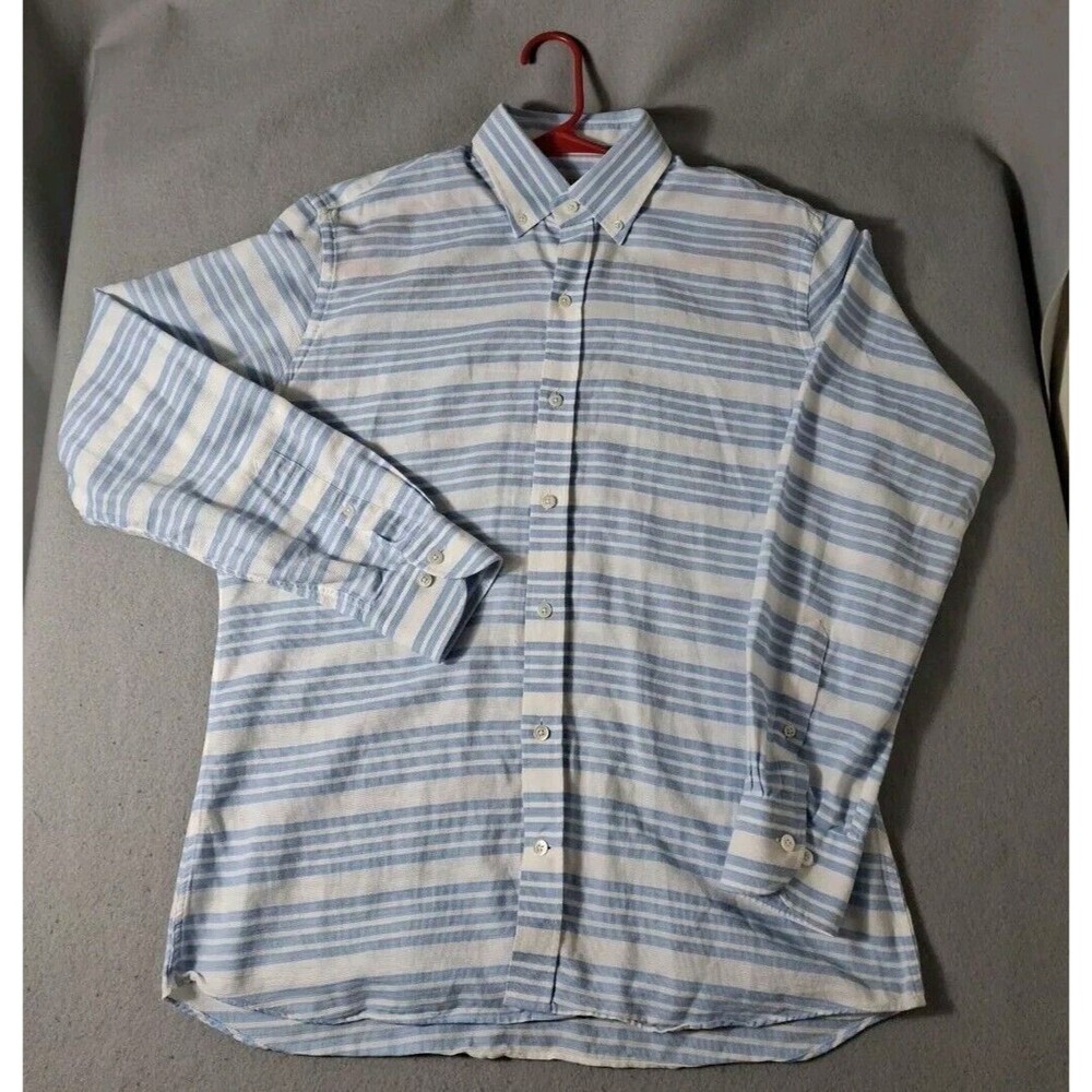 LEDBURY Tailored Fit Mens L Dress Shirt Blue White Stripped Button-Down  Oxford